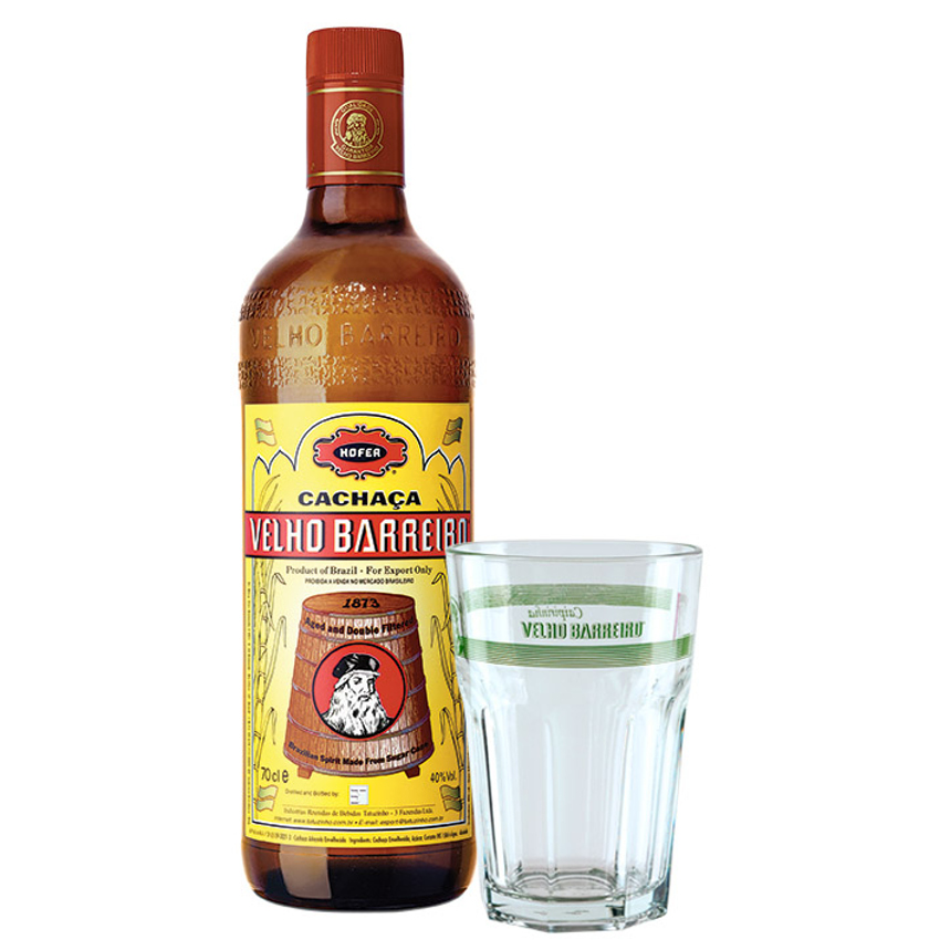 VELHO BARREIRO Spirituose aus Zuckerrohr Set Cachaça Silver+ Glas Conjunto 700ml 39%vol