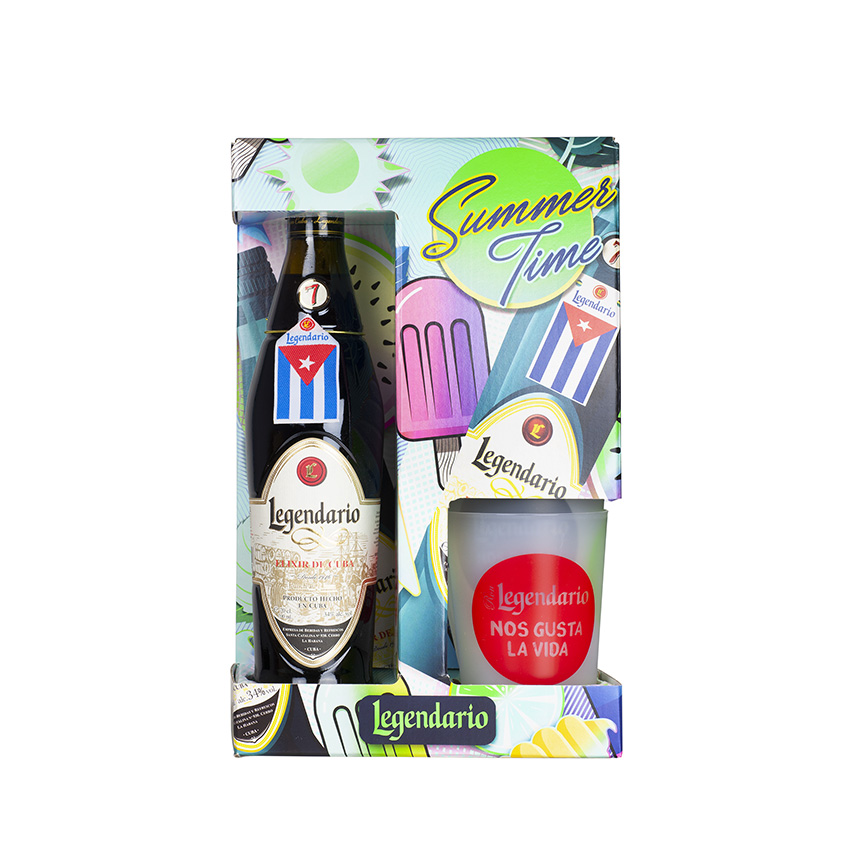 LEGENDARIO Set - Sommer - 1 Fl. Elixir Rum-Likör 700ml + 4 Legendario Plastikbecher