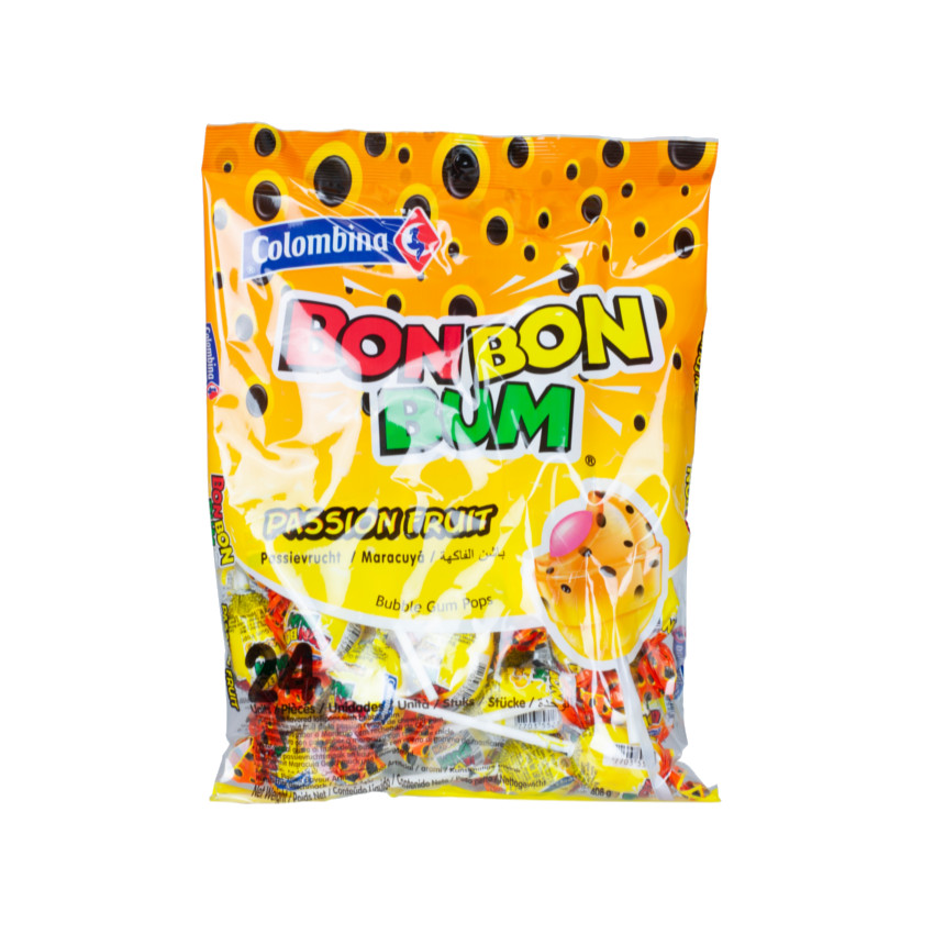 COLOMBINA Bon Bon Bum - Lollipop, Passion Fruit - Paletas Sabor Maracuyá Rellenas de Chicle, 408g