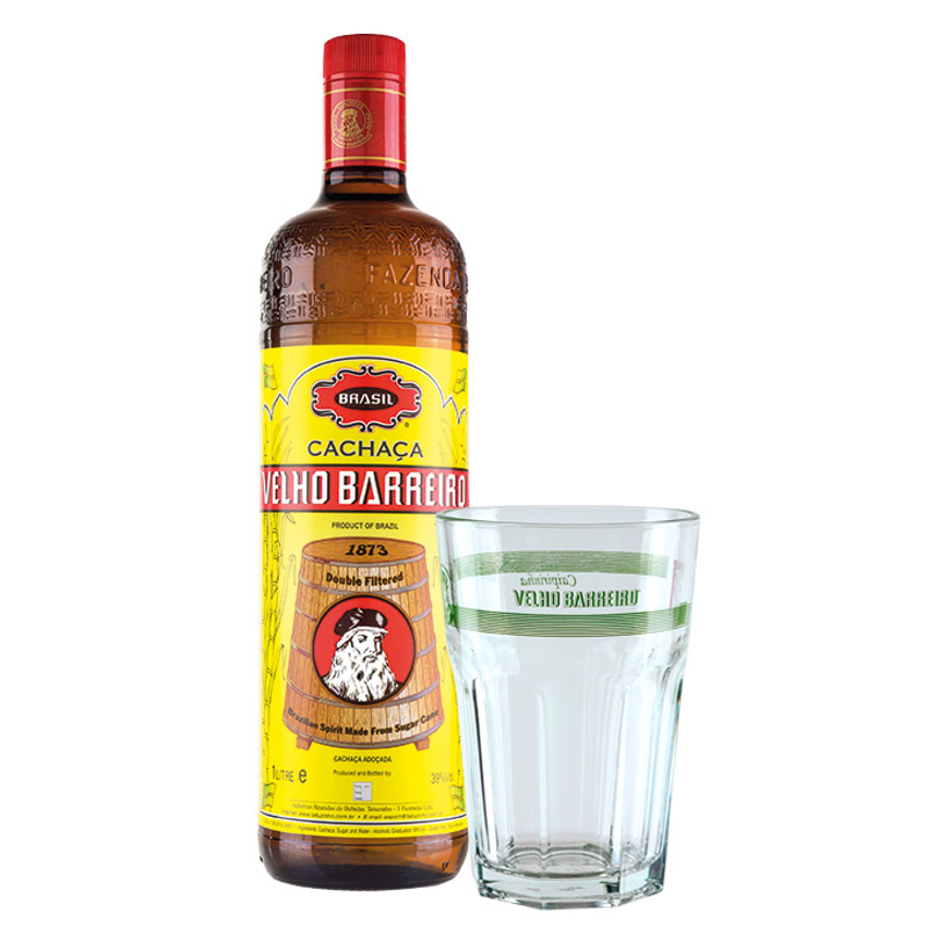VELHO BARREIRO Spirituose aus Zuckerrohr Set Cachaça Silver+Glas Conjunto 1L 39%vol