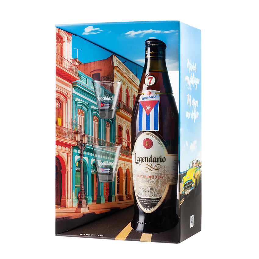 LEGENDARIO Set - Origen OnPack - 1 Fl. Elixir Rum-Likör 700ml + 2 Shot-Gläser