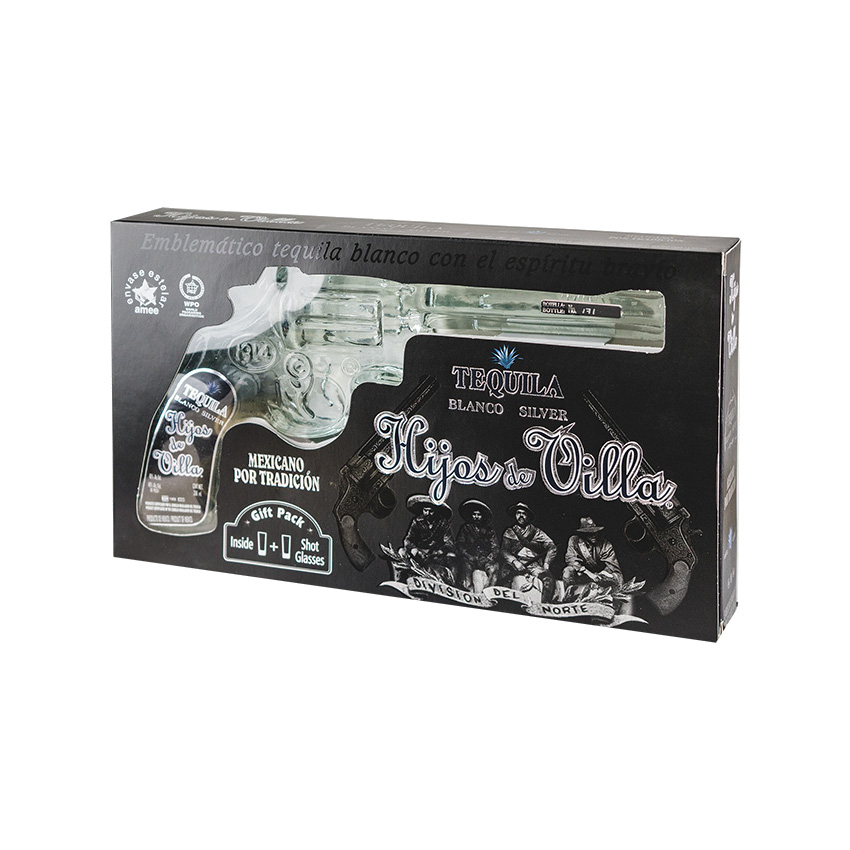 HIJOS DE VILLA Weißer Tequila, Pistolenflasche - Tequila Blanco, 200ml, 40%vol + 2 Gläsern