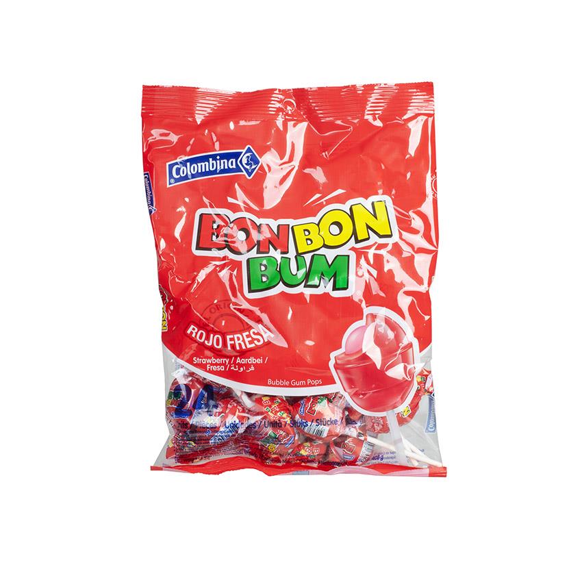 COLOMBINA Bon Bon Bum - Lutscher, Erdbeer - Palettas Sabor Fresa Rellenas de Chicle, 408g
