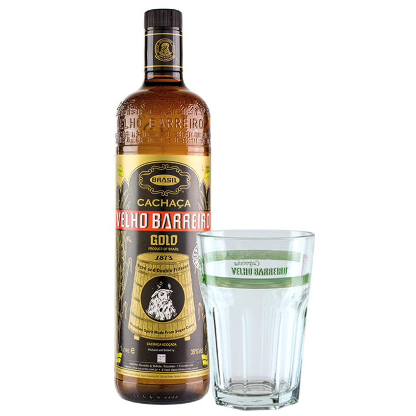VELHO BARREIRO Spirituose aus Zuckerrohr Set  Cachaça Gold+ Glas Conjunto 1L 39%vol