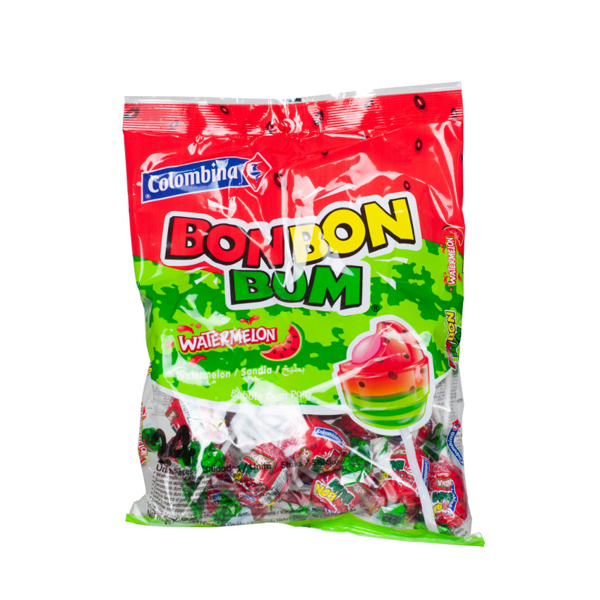COLOMBINA Bon Bon Bum - Lollipop, Watermelon Flavor - Paletas Sabor Sandia Rellenas de Chicle, 408g