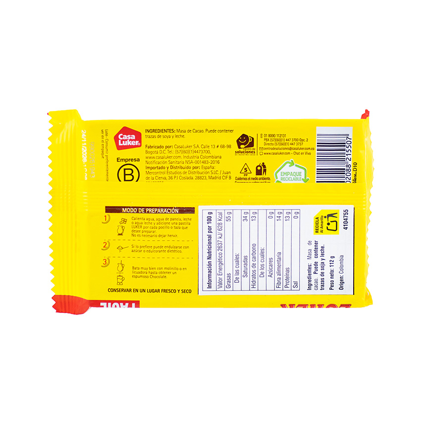 LUKER Tradicional Trinkschokolade ohne Zucker - Chocolate de Mesa Sin Azúcar, 112g