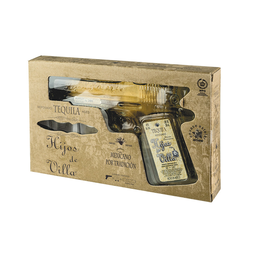 HIJOS DE VILLA brauner Tequila, Pistolenflasche - Tequila Reposado, 200ml, 40% vol + 2 Gläsern