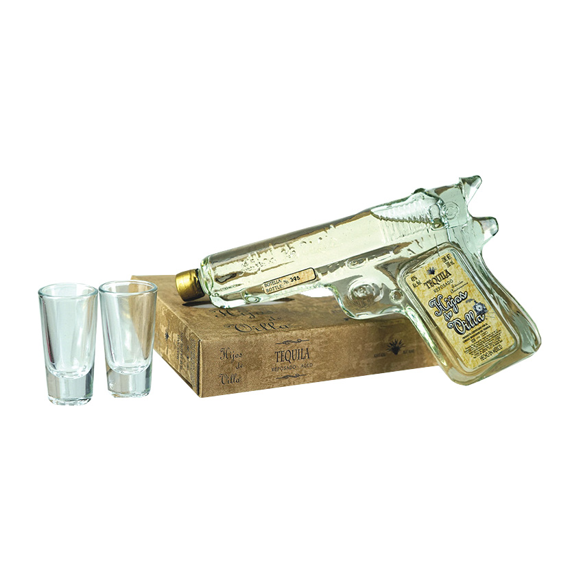 HIJOS DE VILLA brauner Tequila, Pistolenflasche - Tequila Reposado, 200ml, 40% vol + 2 Gläsern