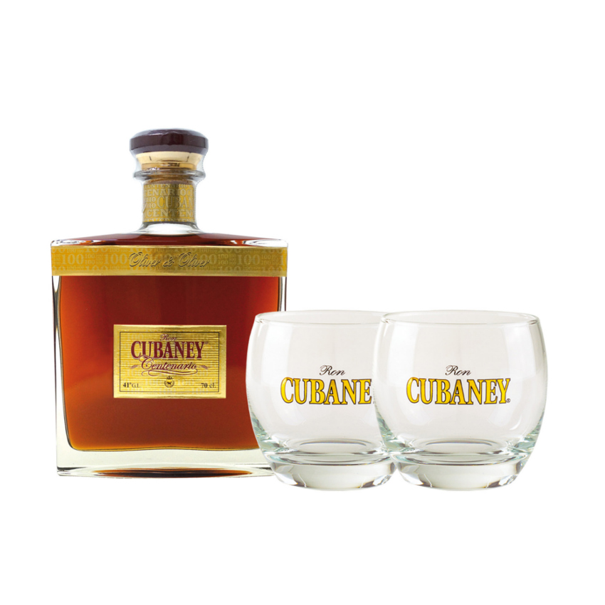 CUBANEY Ultra Premium Rum 25-30 Jahre+Gläser Geschenk-Set Ron Centenario+ 2 Vasos 700ml 41% vol