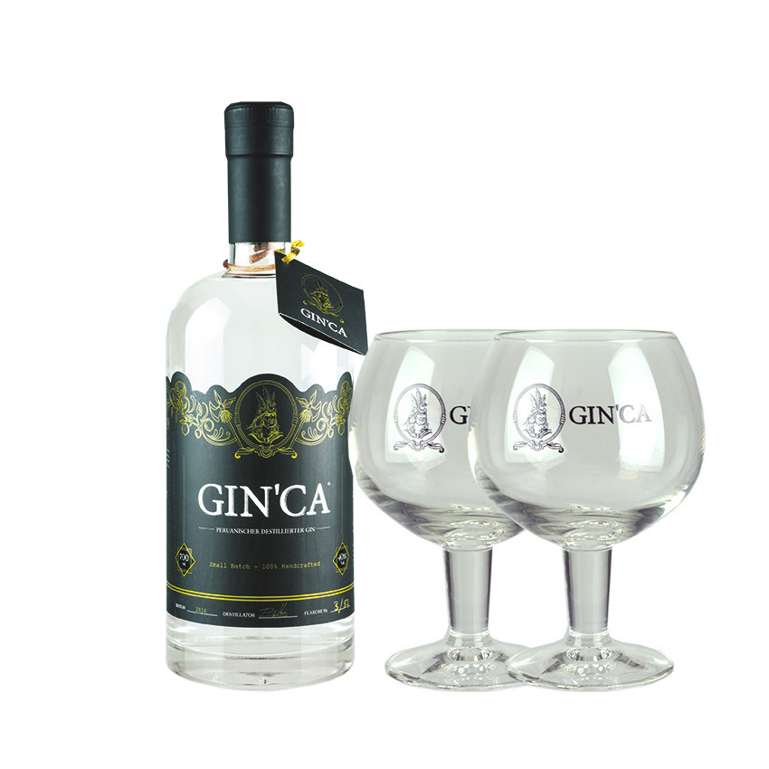 GIN CA Gin aus Peru+2 Gläser-Geschenk-Set- Ginebra peruano+ 2 vasos Set de regalo