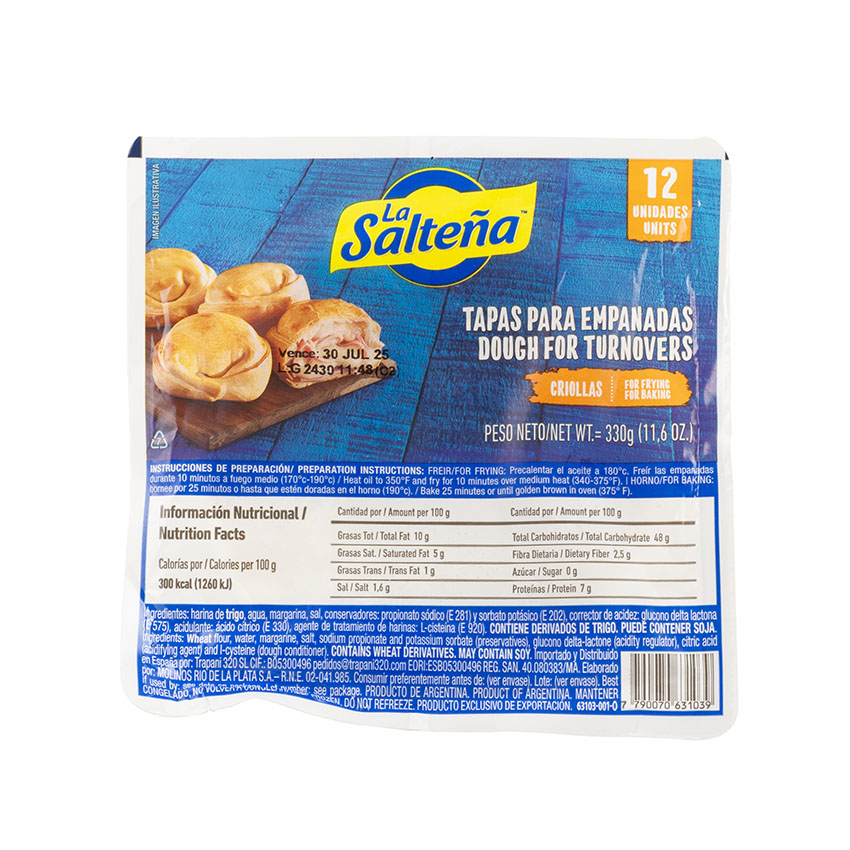 LA SALTEÑA Massa Folhada Congelada para Empanadas Criollas - Tapas para Empanadas Criollas (Freir/Horno), 330g