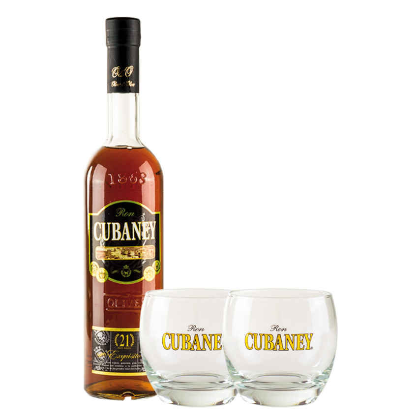 CUBANEY Premium Rum-21 Jahre-+Gläser-Geschenk-Set Ron Exquisito+ Vasos Set de Regalo 700ml 38% vol