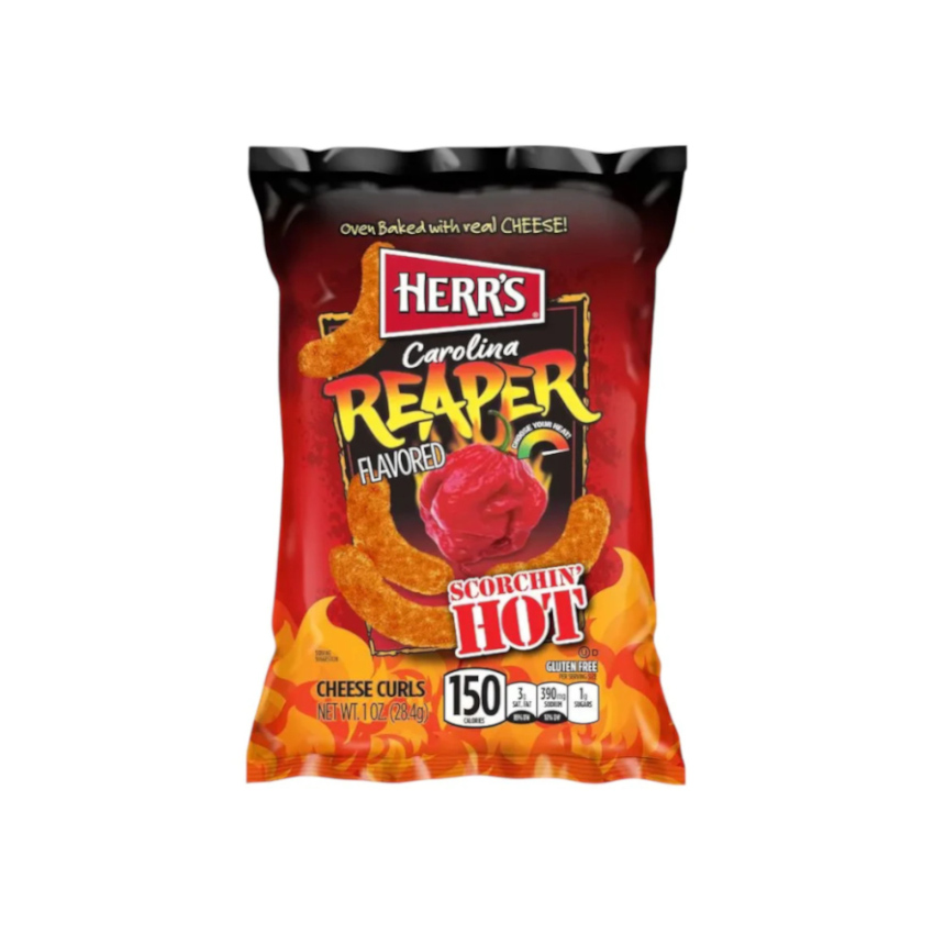 HERR´S Carolina Reaper Cheese Curls Extra Hot - Salgadinhos de MIlho e Queijo com Pimenta Carolina Reaper, Extra-Fortes, 28g