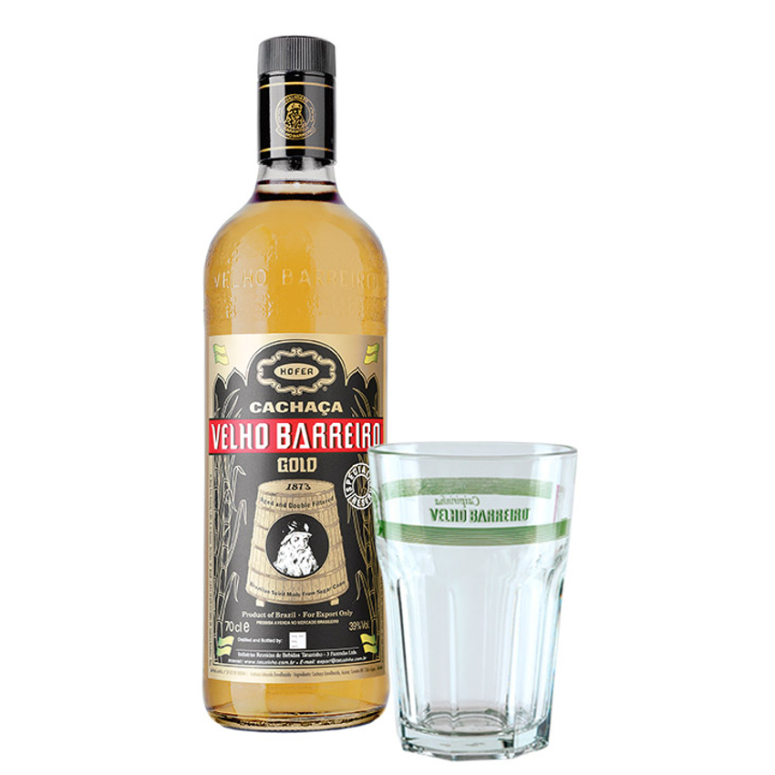 VELHO BARREIRO Spirituose aus Zuckerrohr Set Cachaça Gold+Glas 700ml 39%vol
