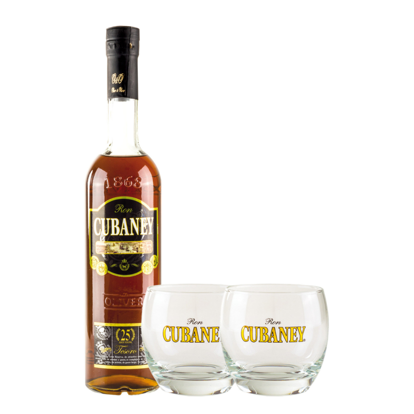 CUBANEY Premium Rum 25Jahre+ Gläser Geschenk-Set  Ron Tesoro+ Vasos Set de Regalo 700ml 38% vol