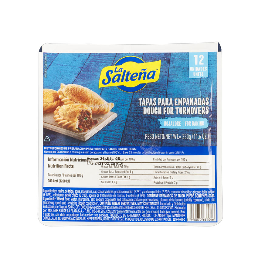LA SALTEÑA Frozen Puff Pastry for Baked Empanadas -  Tapas para Empanadas para Horno, 330g