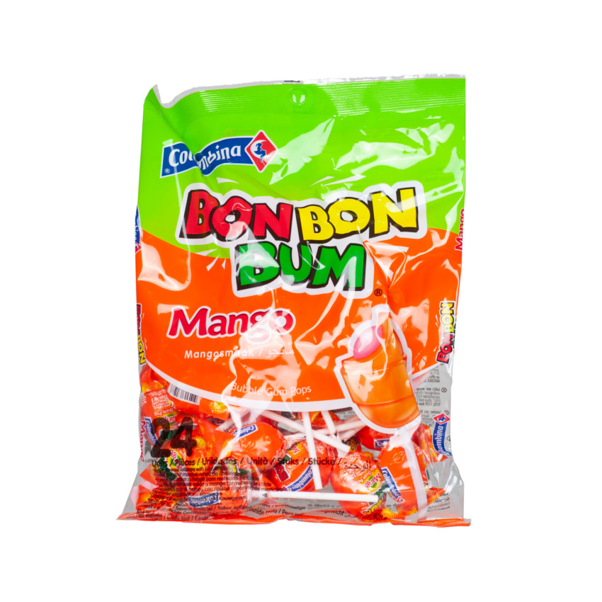 COLOMBINA Bon Bon Bum - Lollipop, Mango Flavor - Paletas Sabor Mango Rellenas de Chicle, 408g